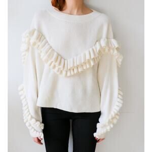 Frame Wool Blend Sweater Women's Size S Cream Ruffle Yoke Ribbed Knit Dolman